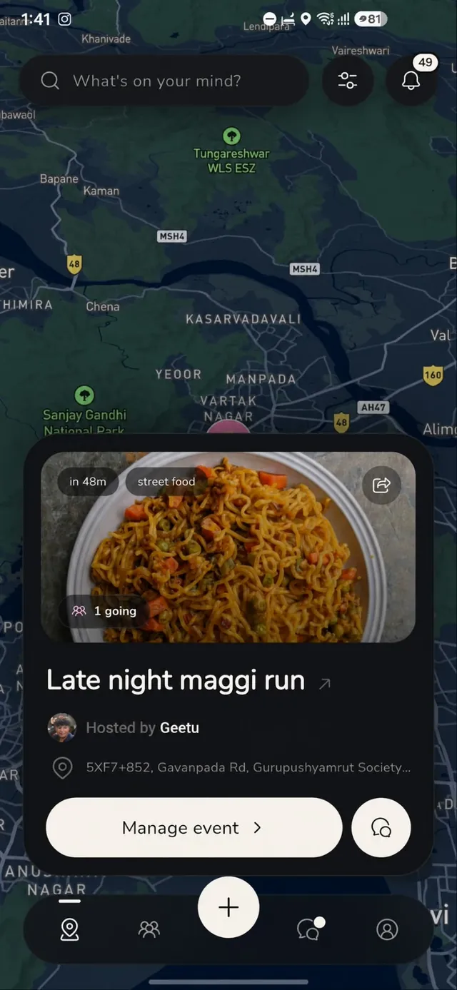 Near app event discovery screen showing a nearby food plan on the map